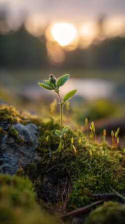 Photo of a young Passionflower growing on moss at sunrise, symbolizing hope and new beginnings.