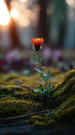 Photo of a young Safflower growing on moss at sunrise, symbolizing hope and new beginnings.