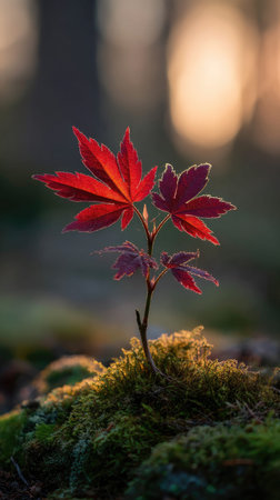 Photo of a young Red maple growing on moss at sunrise, symbolizing hope and new beginnings.