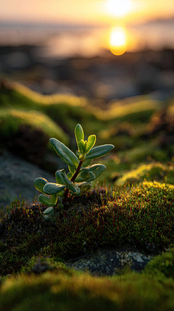 Photo of a young Sea purslane growing on moss at sunrise, symbolizing hope and new beginnings.