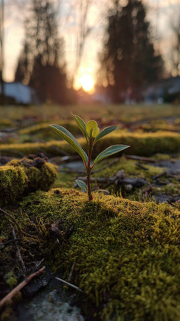 Photo of a young Teak growing on moss at sunrise, symbolizing hope and new beginnings.