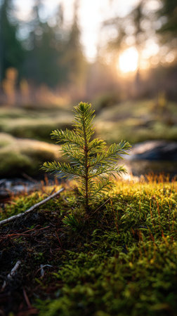 Photo of a young White spruce growing on moss at sunrise, symbolizing hope and new beginnings.