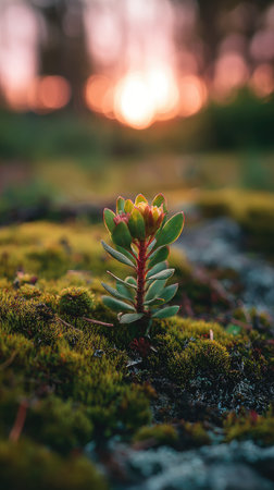 Photo of a young Rhodiola growing on moss at sunrise, symbolizing hope and new beginnings.の写真素材