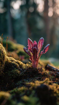 Photo of a young Radicchio growing on moss at sunrise, symbolizing hope and new beginnings.の写真素材