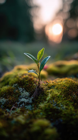 Photo of a young Sichuan pepper growing on moss at sunrise, symbolizing hope and new beginnings.