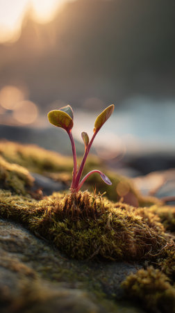 Photo of a young Radish growing on moss at sunrise, symbolizing hope and new beginnings.の写真素材