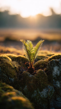 Photo of a young Sago palm growing on moss at sunrise, symbolizing hope and new beginnings.