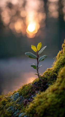 Photo of a young White oak growing on moss at sunrise, symbolizing hope and new beginnings.