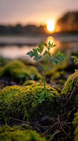 Photo of a young Parsnip growing on moss at sunrise, symbolizing hope and new beginnings.の写真素材