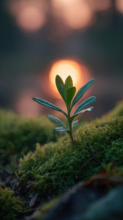 Photo of a young Sweet William growing on moss at sunrise, symbolizing hope and new beginnings.