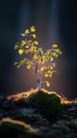 Photo of a young Silver birch growing on moss at sunrise, symbolizing hope and new beginnings.