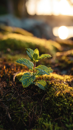 Photo of a young Peppermint growing on moss at sunrise, symbolizing hope and new beginnings.の写真素材