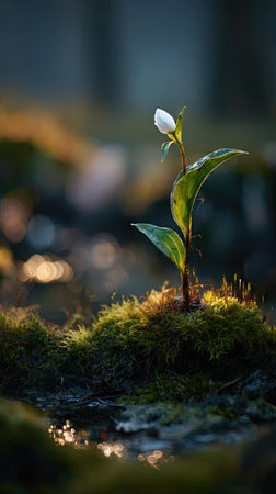 Photo of a young White pepper growing on moss at sunrise, symbolizing hope and new beginnings.の写真素材