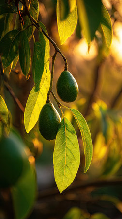 The Avocado at dawn, soft golden sunlight kissing leaves, clean air, natural color tone.の写真素材