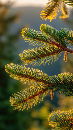 The Balsam fir at dawn, soft golden sunlight kissing leaves, clean air, natural color tone.の写真素材