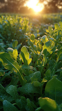 The Arugula at dawn, soft golden sunlight kissing leaves, clean air, natural color tone.の写真素材