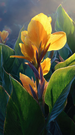 The Canna lily at dawn, soft golden sunlight kissing leaves, clean air, natural color tone.の写真素材