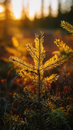 The Black spruce at dawn, soft golden sunlight kissing leaves, clean air, natural color tone.の写真素材