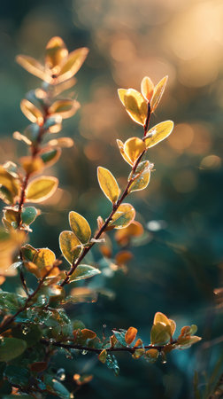 The Bilberry at dawn, soft golden sunlight kissing leaves, clean air, natural color tone.の写真素材