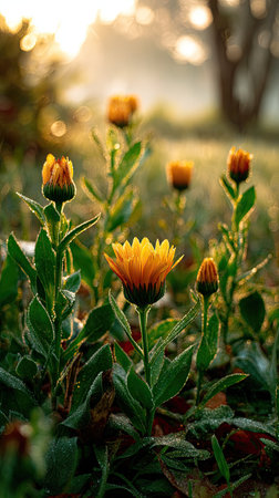 The Calendula at dawn, soft golden sunlight kissing leaves, clean air, natural color tone.の写真素材