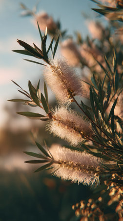 The Bottlebrush at dawn, soft golden sunlight kissing leaves, clean air, natural color tone.