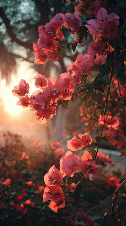 The Bougainvillea at dawn, soft golden sunlight kissing leaves, clean air, natural color tone.の写真素材