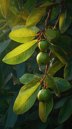 The Guava at dawn, soft golden sunlight kissing leaves, clean air, natural color tone.の写真素材