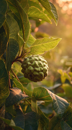 The Cherimoya at dawn, soft golden sunlight kissing leaves, clean air, natural color tone.