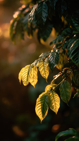 Soft golden sunlight kissing leaves, clean air, natural color tone.の写真素材