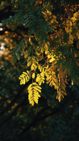 The Black locust at dawn, soft golden sunlight kissing leaves, clean air, natural color tone.の写真素材