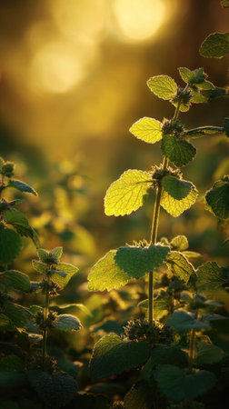 The Catnip at dawn, soft golden sunlight kissing leaves, clean air, natural color tone.の写真素材