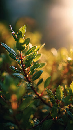 The Cuphea at dawn, soft golden sunlight kissing leaves, clean air, natural color tone.の写真素材