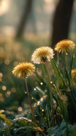 The Dandelion greens at dawn, soft golden sunlight kissing leaves, clean air, natural color tone.の写真素材