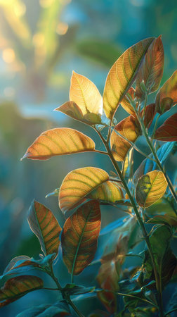The Cuban mahogany at dawn, soft golden sunlight kissing leaves, clean air, natural color tone.の写真素材