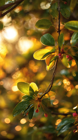 The Crabapple at dawn, soft golden sunlight kissing leaves, clean air, natural color tone.