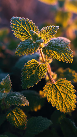 The Horehound at dawn, soft golden sunlight kissing leaves, clean air, natural color tone.