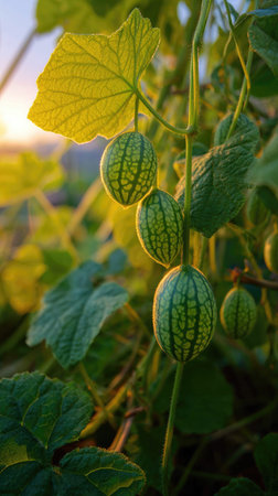 The Cucamelon at dawn, soft golden sunlight kissing leaves, clean air, natural color tone.の写真素材