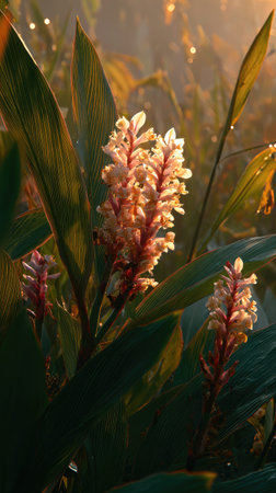 The Galangal at dawn, soft golden sunlight kissing leaves, clean air, natural color tone.の写真素材
