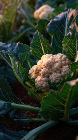 The Cauliflower at dawn, soft golden sunlight kissing leaves, clean air, natural color tone.の写真素材