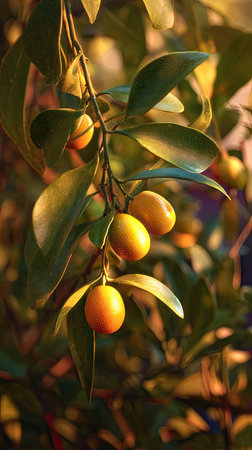 The Kumquat at dawn, soft golden sunlight kissing leaves, clean air, natural color tone.の写真素材