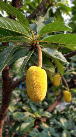 The Jackfruit at dawn, soft golden sunlight kissing leaves, clean air, natural color tone.の写真素材