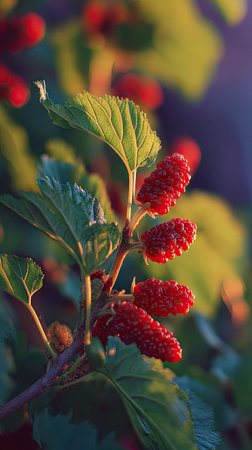The Mulberry red at dawn, soft golden sunlight kissing leaves, clean air, natural color tone.