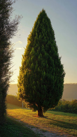 The Italian cypress at dawn, soft golden sunlight kissing leaves, clean air, natural color tone.
