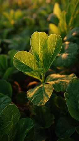 The Fenugreek leaf at dawn, soft golden sunlight kissing leaves, clean air, natural color tone.