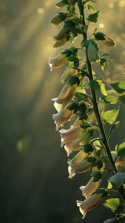 The Foxglove at dawn, soft golden sunlight kissing leaves, clean air, natural color tone.