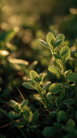 The Lamb s lettuce at dawn, soft golden sunlight kissing leaves, clean air, natural color tone.