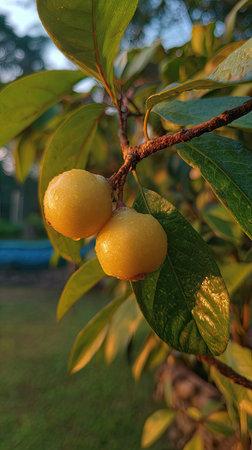 The Malay apple at dawn, soft golden sunlight kissing leaves, clean air, natural color tone.