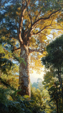 The Kauri at dawn, soft golden sunlight kissing leaves, clean air, natural color tone.
