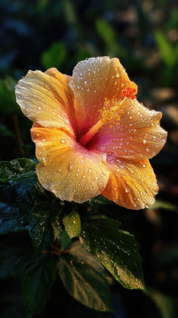 The Hibiscus at dawn, soft golden sunlight kissing leaves, clean air, natural color tone.の写真素材