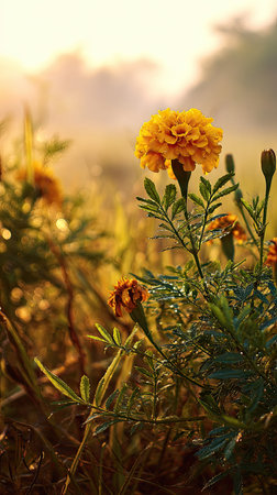 The Marigold at dawn, soft golden sunlight kissing leaves, clean air, natural color tone.の写真素材
